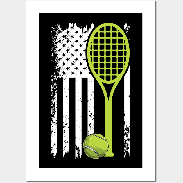 Funny Tennis Coach Player US USA Flag Distressed Style Gift Wall Art by missalona